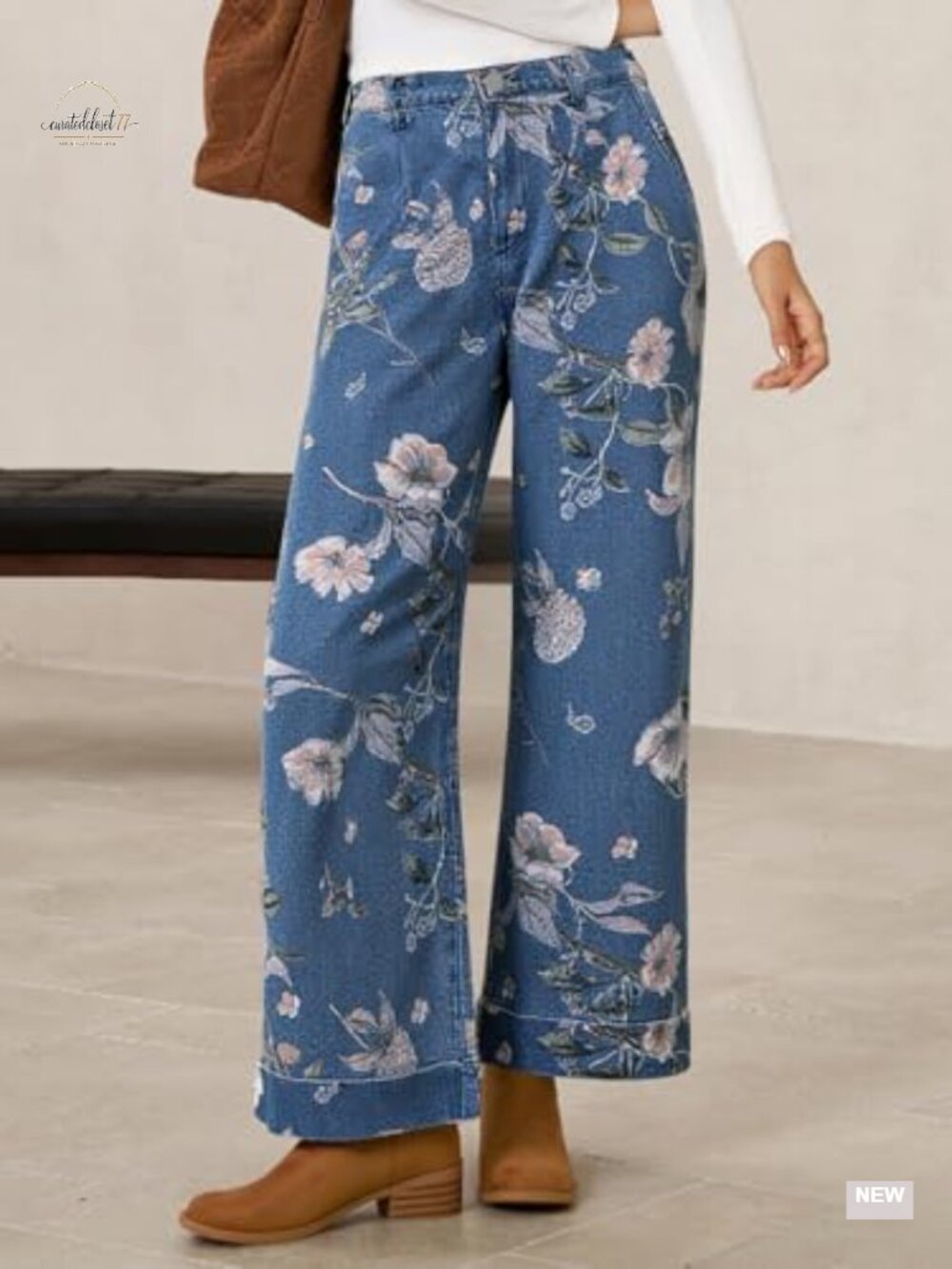 Floral Baggy Wide Leg High Waisted Denim Jeans Boho Print Cotton Blend Relaxed - Picture 2 of 6